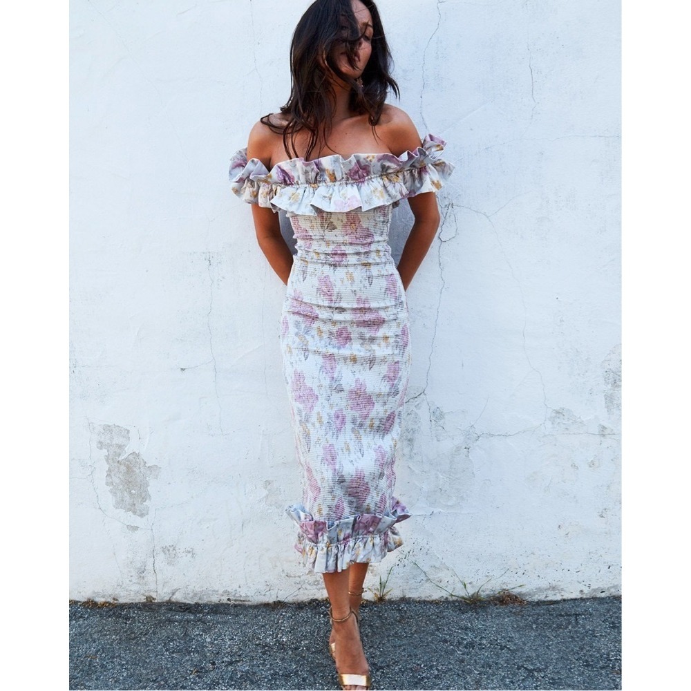 V. Chapman The Lilac Dress Size 4 Floral Smocked Off Shoulder Midi Wedding Guest